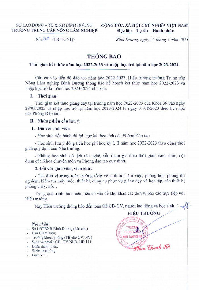 Thông báo thời gian kết thúc năm học 2022-2023 và nhập học năm 2023-2024